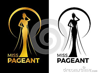 Miss lady pageant logo sign with Gold and black woman wear Crown in circle ring vector design Vector Illustration