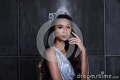 Miss Pageant Contest in Evening Ball Gown dress with Diamond Crown Stock Photo