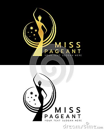 Miss pageant logo with gold and black abstract Beauty queen wear Crown and Raise hand waving and star sign vector dersign Vector Illustration