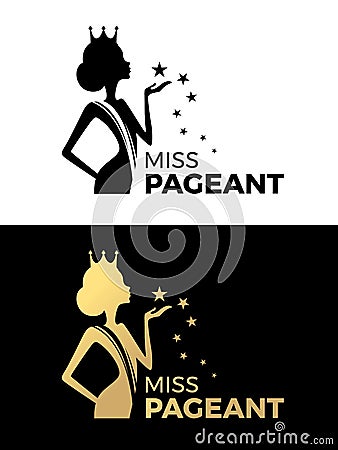 Miss pageant logo sign with Beauty queen wear a crown and hold star vector design Vector Illustration