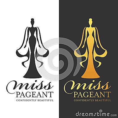 Miss pageant logo sign - black and gold woman queen with cape vector design Vector Illustration