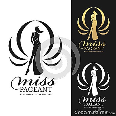 Miss pageant logo with woman wear crown and line curve crown around vector design Vector Illustration