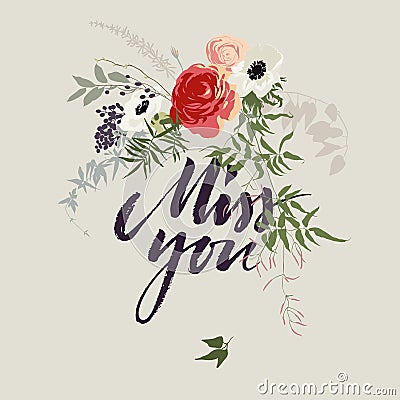 Miss you card with flowers Vector Illustration