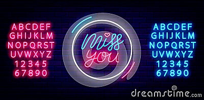 Miss you neon lettering with alphabet. Happy Valentines Day design. Love declaration. Isolated vector illustration Vector Illustration