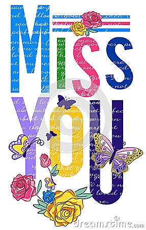 Miss you typograpy t-shirt vector quotes butterfly and flowers design for apparels Vector Illustration