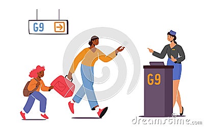 Missed Flight Stressful Situation. Mother with Child Late for Airplane Boarding. Worried Woman and Girl Run with Bags Vector Illustration