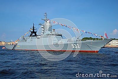 Missile Corvette Boykiy closeup. Navy day in St. Petersburg Editorial Stock Photo