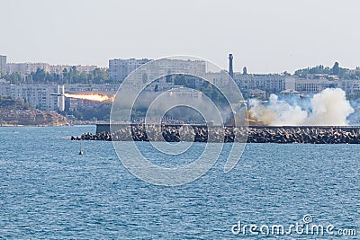 Missile flying in sky Stock Photo