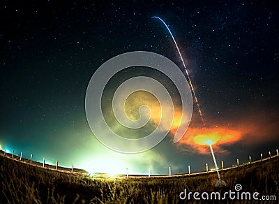 Missile launch at night. Fish eye lens. Stock Photo