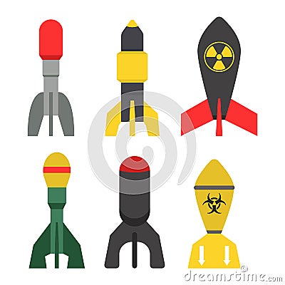 Missile rocket set icon vector illustration cartoon isolated bomb flat style white background threat Vector Illustration