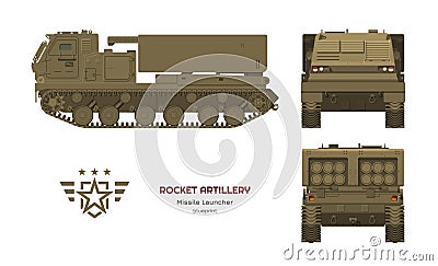 Missile vehicle in realistic style. Rocket artillery. Side, front and back view. 3d image of military tractor Vector Illustration