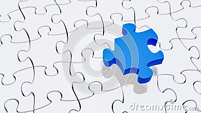 Missing blue piece completing a white jigsaw puzzle. Riddle, solution, IQ concepts. Horizontal 3D rendering illustration with copy Cartoon Illustration