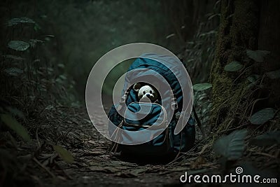 Missing child concept. Abandoned children's school backpack with teddy bear forgotten Stock Photo