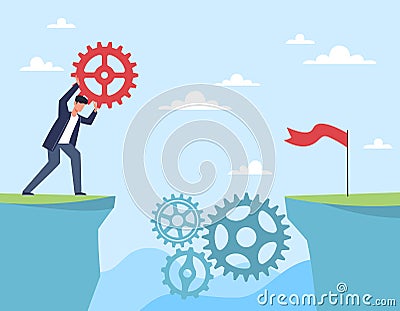 Missing element of mechanism, bridge to achieving goal. Businessman hold gear element. Management and working process Vector Illustration