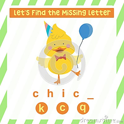 Complete the missing letter worksheet. Cute yellow chick cartoon farm animal edition Vector Illustration