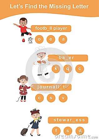 Missing letter worksheet with kidsâ€™ dream profession. Educational printable activity kit for toddlers Vector Illustration