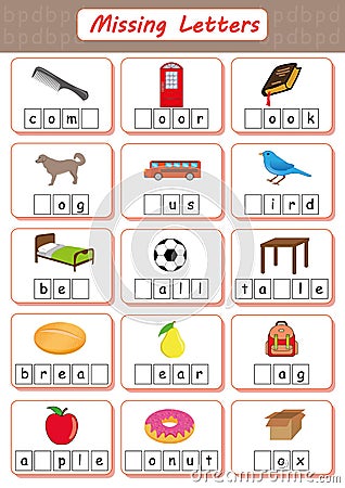 Missing letters, Find the missing letters and write them in relevant places, Worksheet for kids, dyslexia, learning disabilities Stock Photo