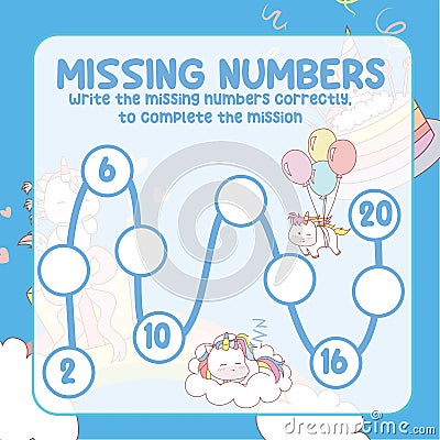 Math worksheet for kids ready to print file. Counting exercise for children kawaii unicorn. Write the missing number correctly. Vector Illustration