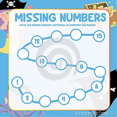 Math worksheet for kids ready to print file. Counting exercise for children with pirate theme. Write the missing number correctly. Vector Illustration