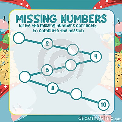 Math worksheet for kids ready to print file. Counting exercise for children with pirate theme. Write the missing number correctly. Vector Illustration