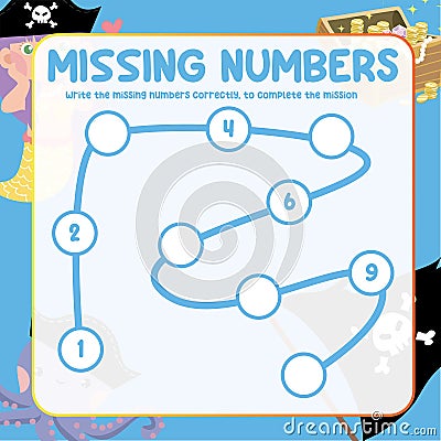 Math worksheet for kids ready to print file. Counting exercise for children with pirate theme. Write the missing number correctly. Vector Illustration