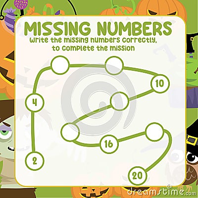 Math worksheet for kids ready to print file. Counting exercise for children Halloween theme. Write the missing number correctly. Vector Illustration