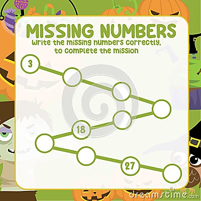 Math worksheet for kids ready to print file. Counting exercise for children Halloween theme. Write the missing number correctly. Vector Illustration