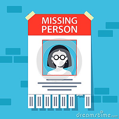 Missing person announcement. flyer hanging on a brick wall. Vector Illustration