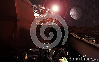Mission InSight Mars Lander near the red planet and moon with lens flare. Elements of this image were furnished by NASA. Stock Photo