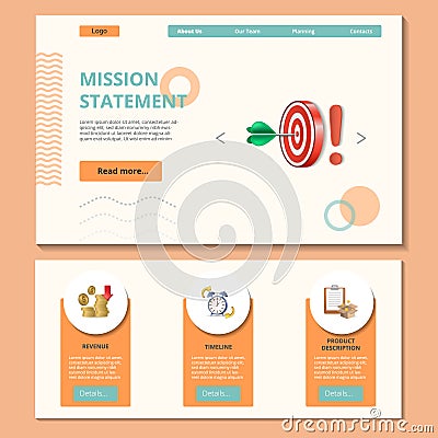 Mission statement flat landing page website template. Revenue, timeline, product discription. Web banner with header Vector Illustration