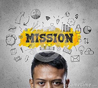 Mission Text. Head of Asian Businessman Thinking Business Sketch Concept Background Stock Photo