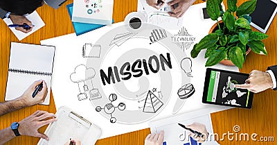 Mission text by icons and hands Stock Photo