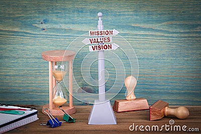 Mission values vision. Signpost on wooden table Stock Photo