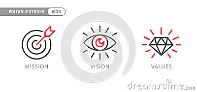 Mission, vision and values. Business strategy icons Vector Illustration