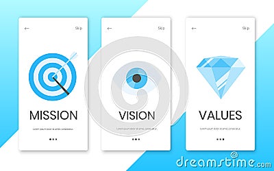 Mission, vision and values flat style design icons signs Vector Illustration