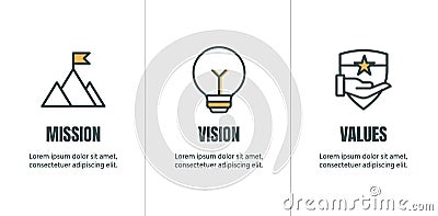 Mission Vision and Values Icon Set with mission statement, vision icon, etc Vector Illustration