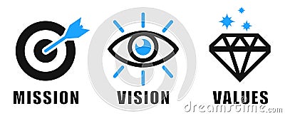 Mission, Vision, Values icons concept, business success and growth, web page template â€“ vector Stock Photo