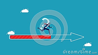 Missions and progress in solving problems. businessman with a question mark is running on an arrow bar Vector Illustration