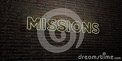 MISSIONS -Realistic Neon Sign on Brick Wall background - 3D rendered royalty free stock image Stock Photo