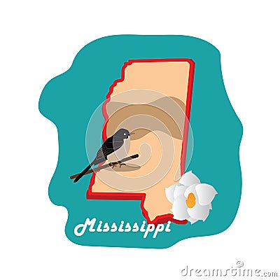mississippi state map with mockingbird. Vector illustration decorative design Cartoon Illustration