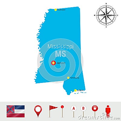 Mississippi Vector Map Isolated on White Background. Detailed Silhouette of Mississippi. Official Flag of Mississippi Vector Illustration