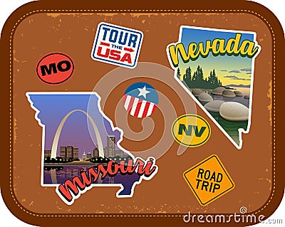 Missouri, Nevada travel stickers with scenic attractions Vector Illustration