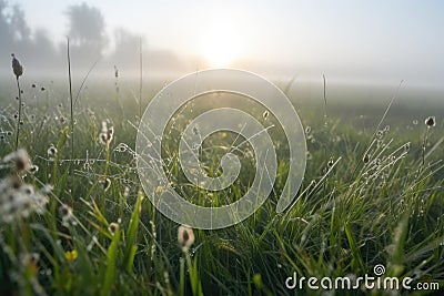 mist-covered meadow with dewdrop on the grass blade Stock Photo