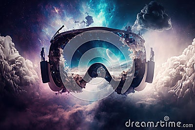 mist ether cosmic space in virtual reality technology vr headset double exposure Stock Photo