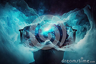 mist ether cosmic space in virtual reality technology vr headset double exposure Stock Photo