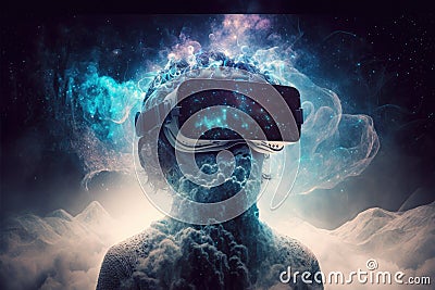 mist ether cosmic space in virtual reality technology vr headset double exposure Stock Photo