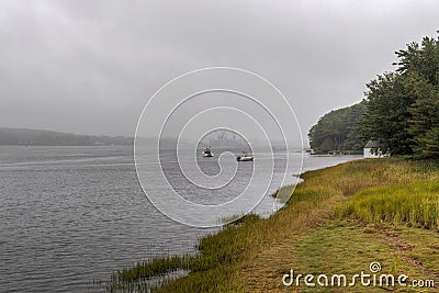 Mist on the Kennebec River Upstream View Stock Photo