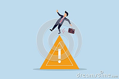 Mistake caution, business risk or problem warning, cautious businessman slip falling on exclamation symbol beware, careful caution Stock Photo