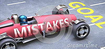Mistakes helps reaching goals, pictured as a race car with a phrase Mistakes on a track as a metaphor of Mistakes playing vital Cartoon Illustration
