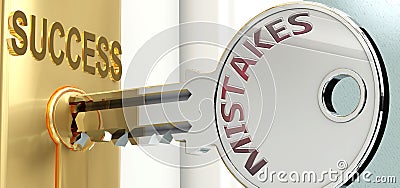 Mistakes and success - pictured as word Mistakes on a key, to symbolize that Mistakes helps achieving success and prosperity in Cartoon Illustration
